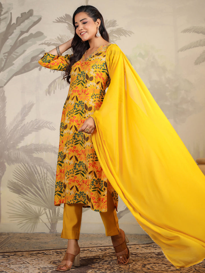 Mustard All-Over Chanderi Floral Chanderi Kurta Set