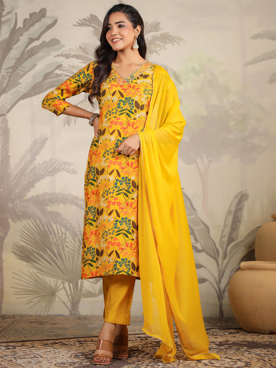 Mustard All-Over Chanderi Floral Chanderi Kurta Set