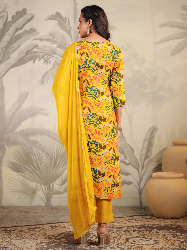 Mustard All-Over Chanderi Floral Chanderi Kurta Set