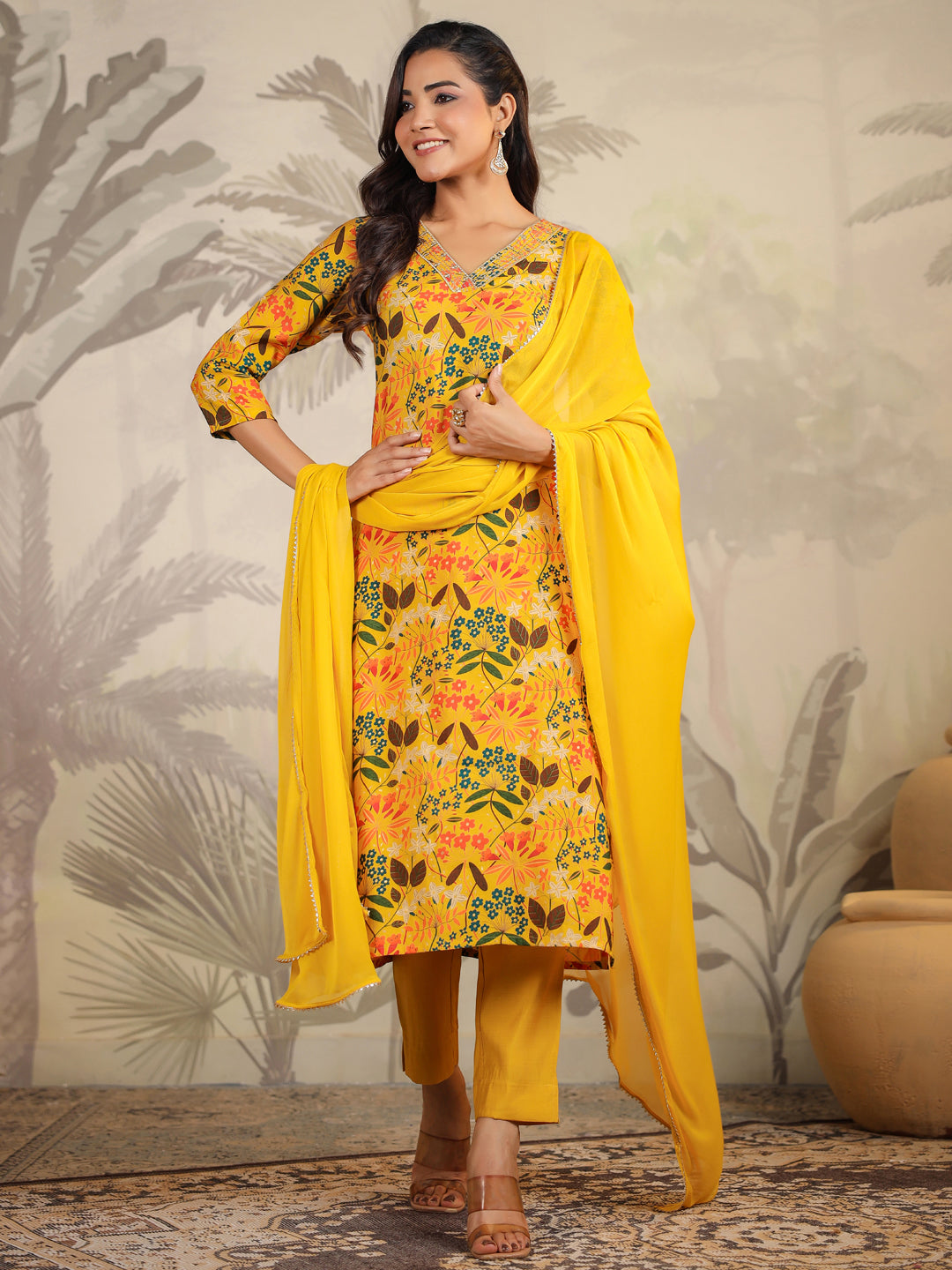 Mustard All-Over Chanderi Floral Chanderi Kurta Set