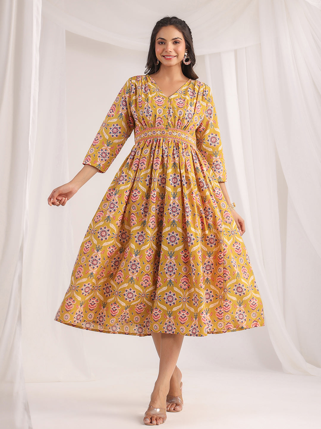 Mustard-Cambric-Ethnic-Motifs-Gathered-Dress