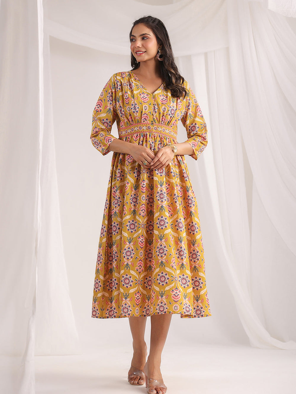 Mustard-Cambric-Ethnic-Motifs-Gathered-Dress