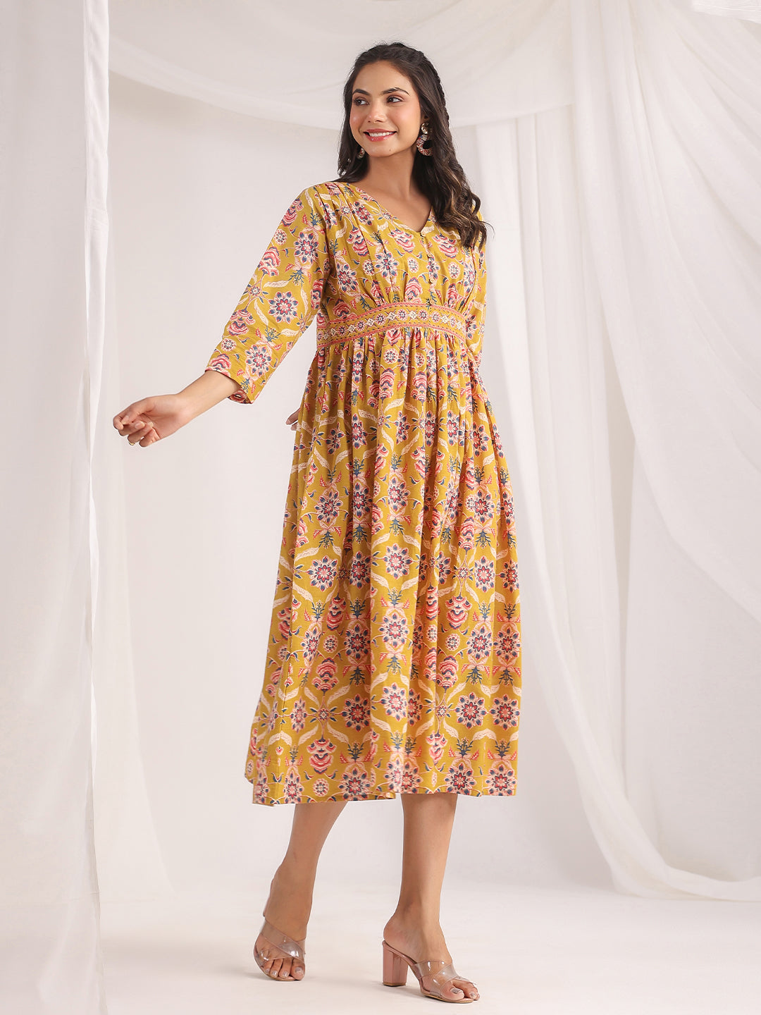 Mustard-Cambric-Ethnic-Motifs-Gathered-Dress