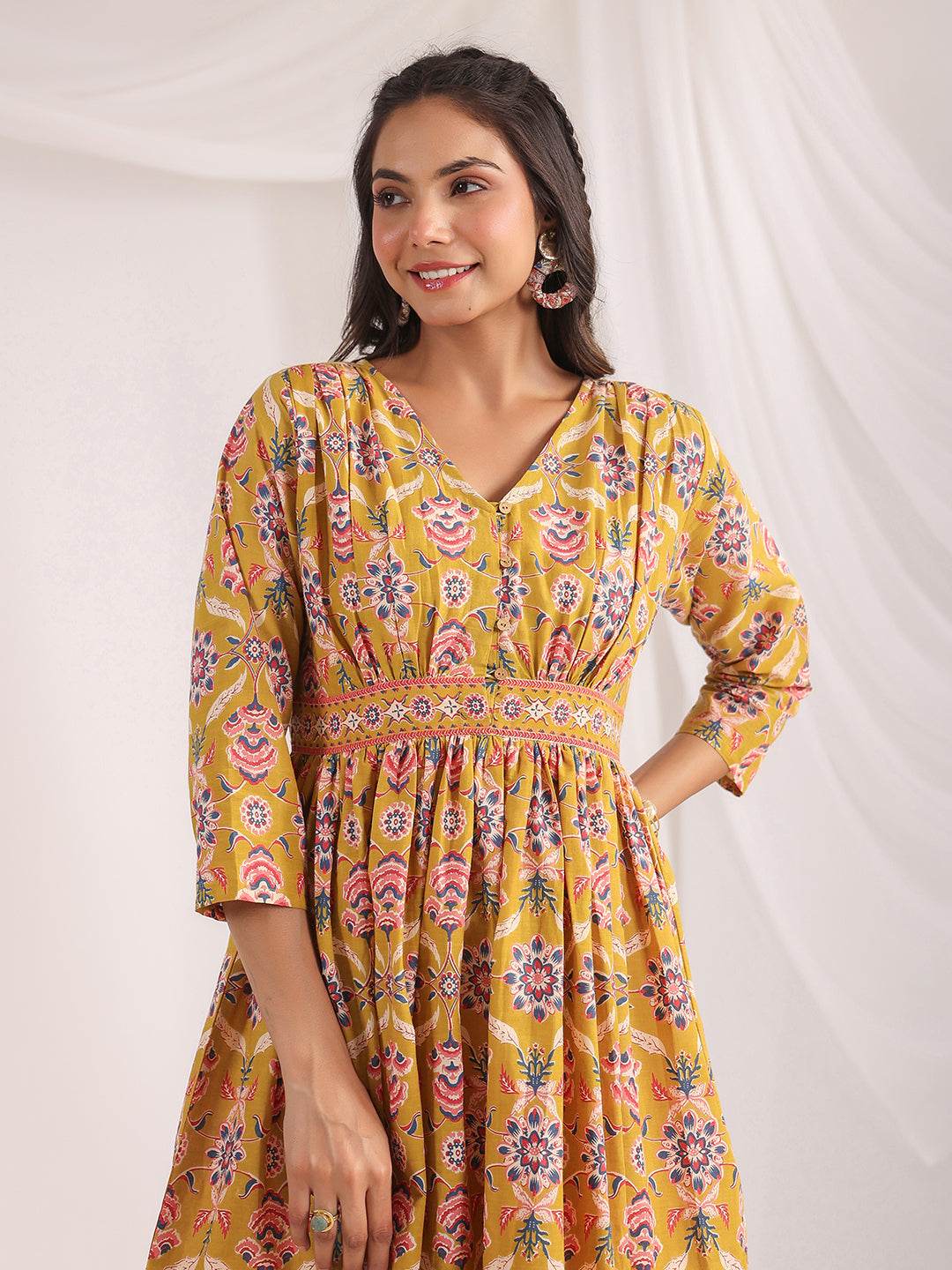 Mustard-Cambric-Ethnic-Motifs-Gathered-Dress