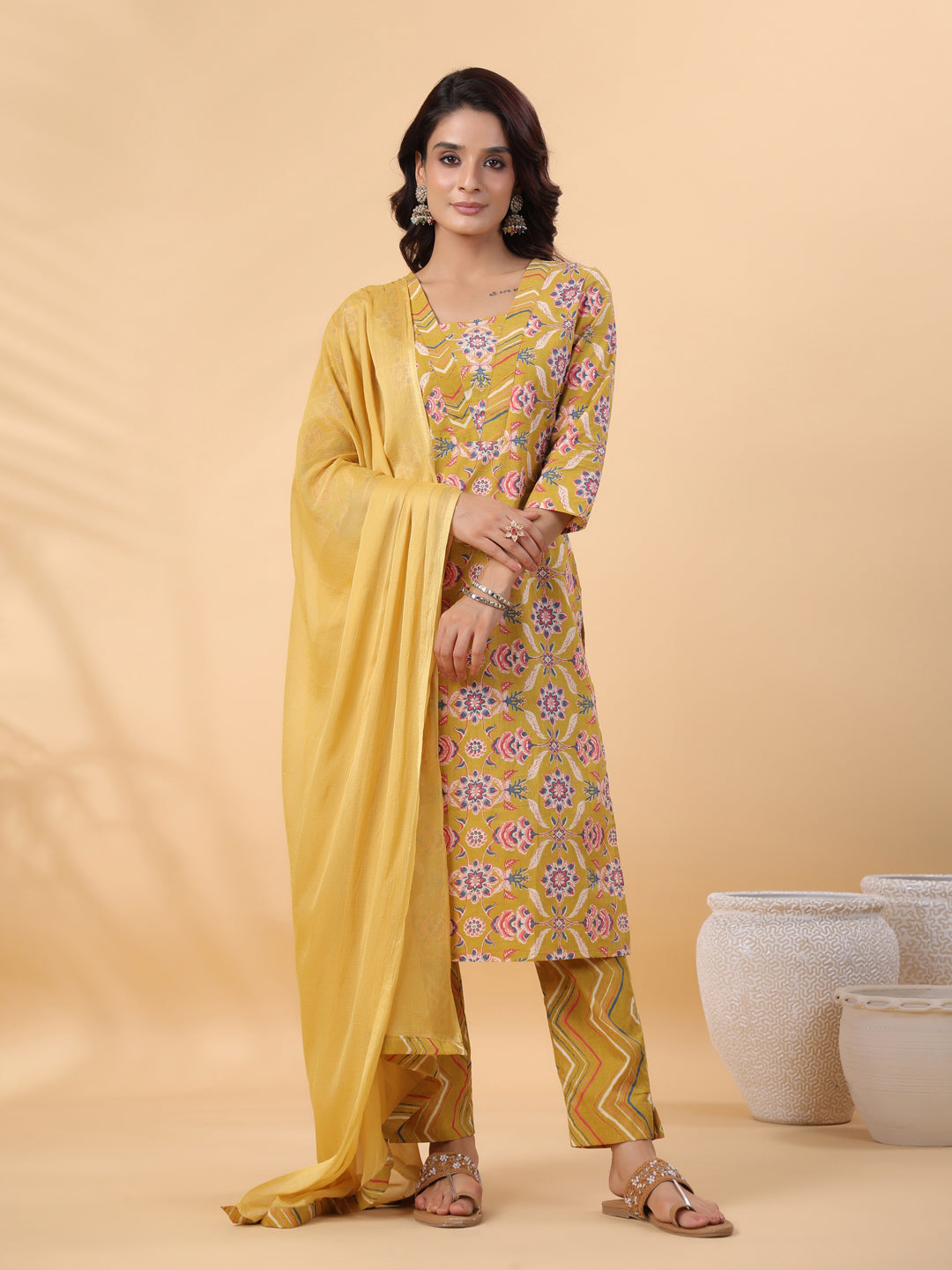 Mustard-Cambric-Straight-3-Piece-Kurta-Set