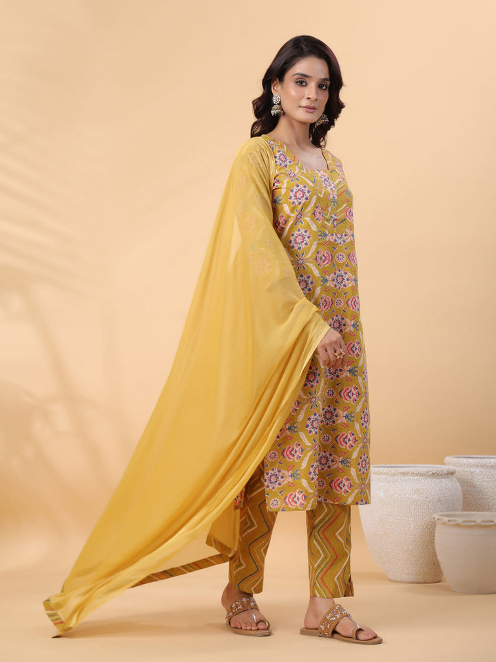 Mustard-Cambric-Straight-3-Piece-Kurta-Set