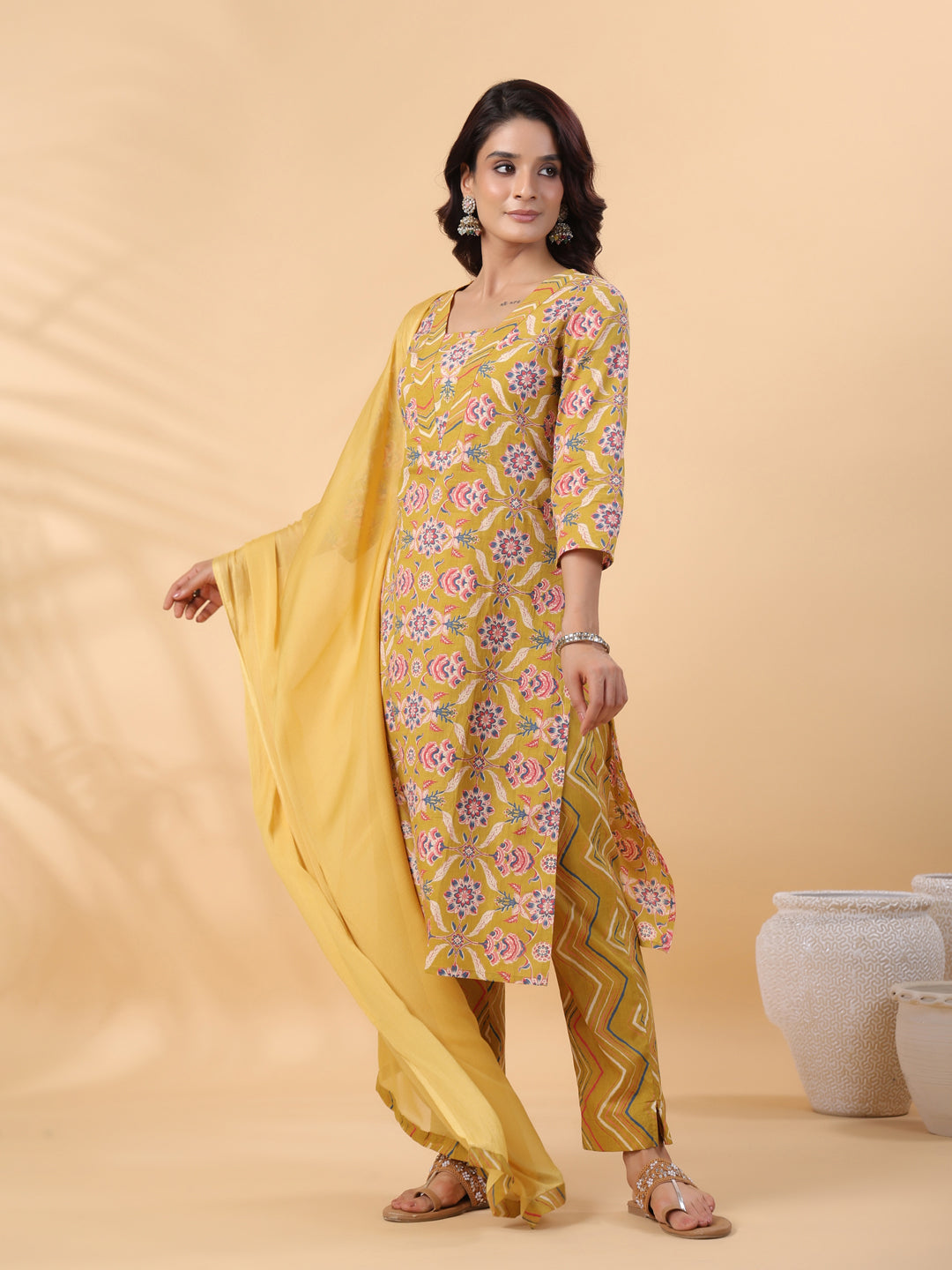 Mustard-Cambric-Straight-3-Piece-Kurta-Set