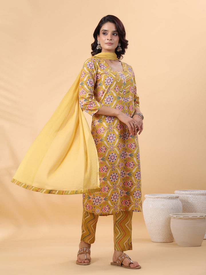 Mustard-Cambric-Straight-3-Piece-Kurta-Set