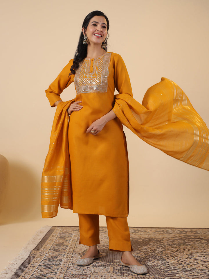 Mustard Cotton Blend Embroidered Straight Kurta Set