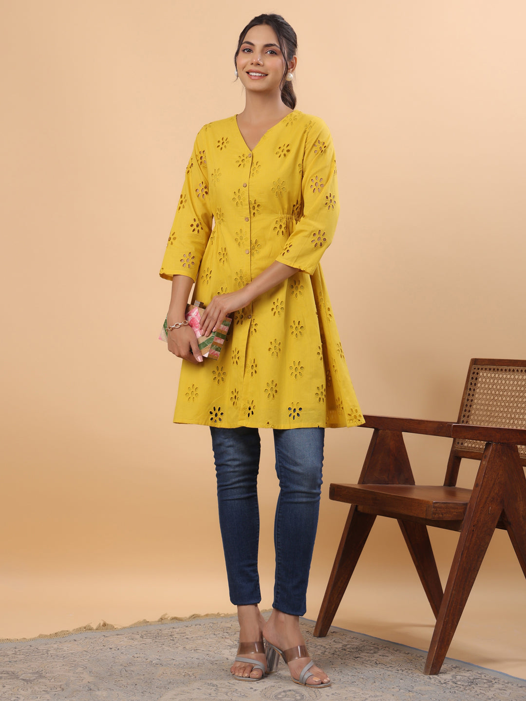 Mustard-Cotton-V-Neck-Schiffli-Tunic