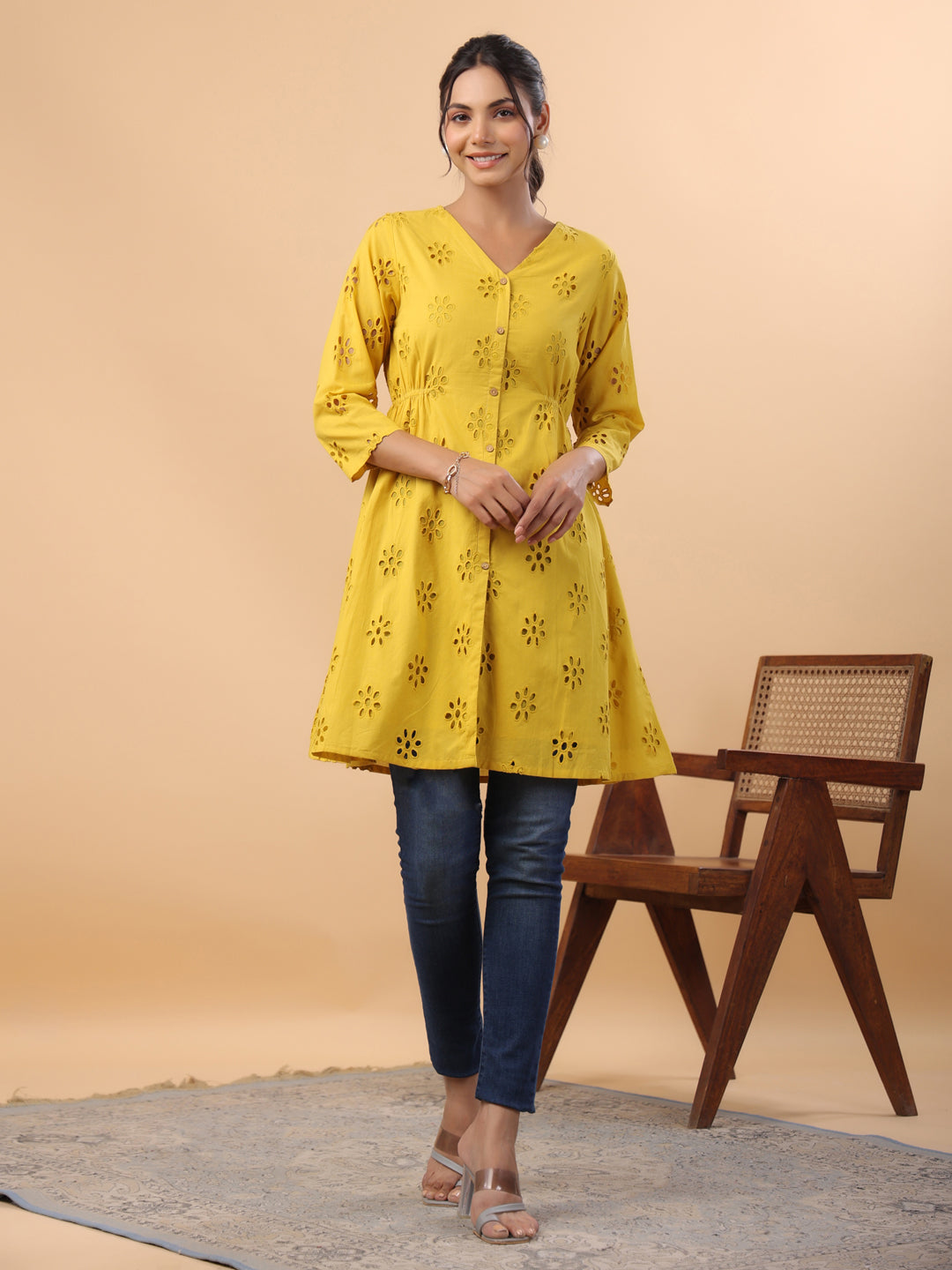 Mustard-Cotton-V-Neck-Schiffli-Tunic