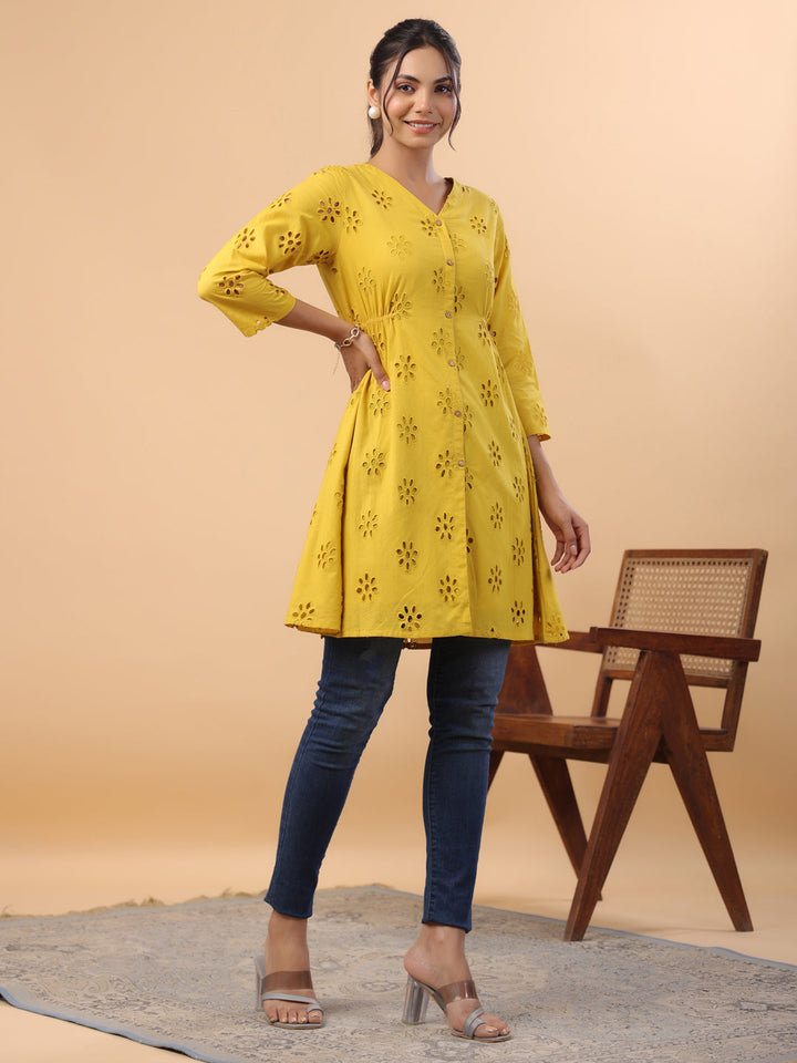 Mustard-Cotton-V-Neck-Schiffli-Tunic