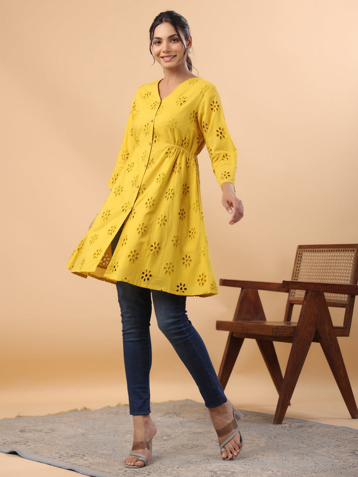 Mustard-Cotton-V-Neck-Schiffli-Tunic