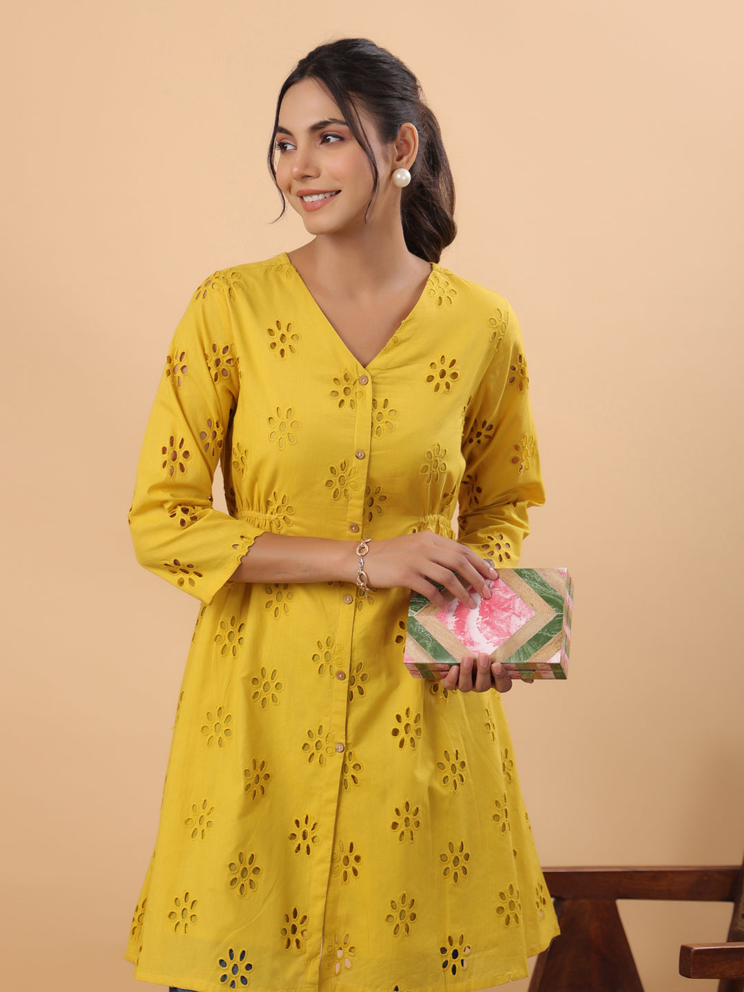 Mustard-Cotton-V-Neck-Schiffli-Tunic