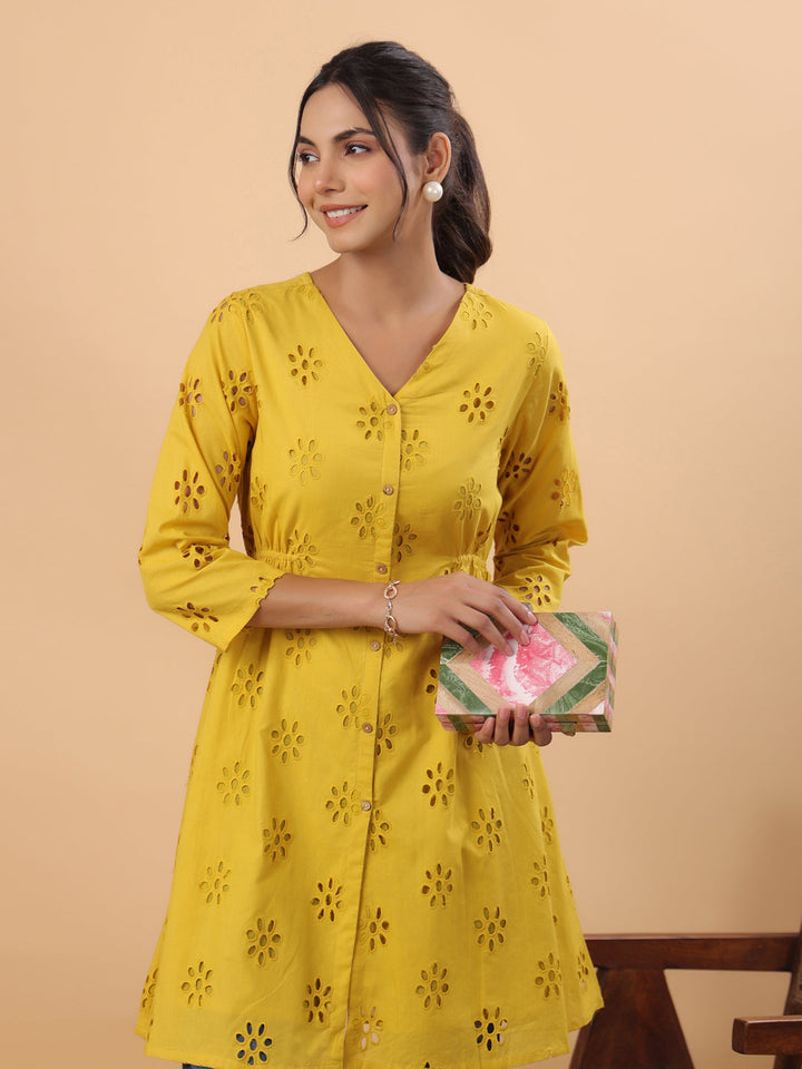 Mustard-Cotton-V-Neck-Schiffli-Tunic