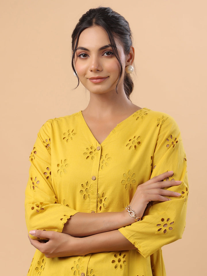 Mustard-Cotton-V-Neck-Schiffli-Tunic