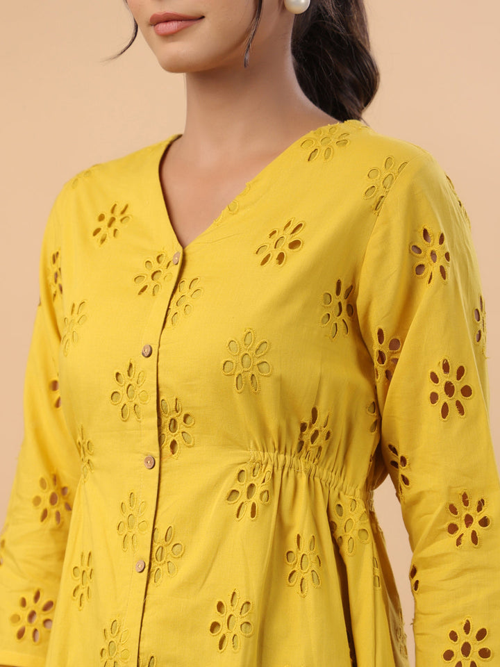 Mustard-Cotton-V-Neck-Schiffli-Tunic