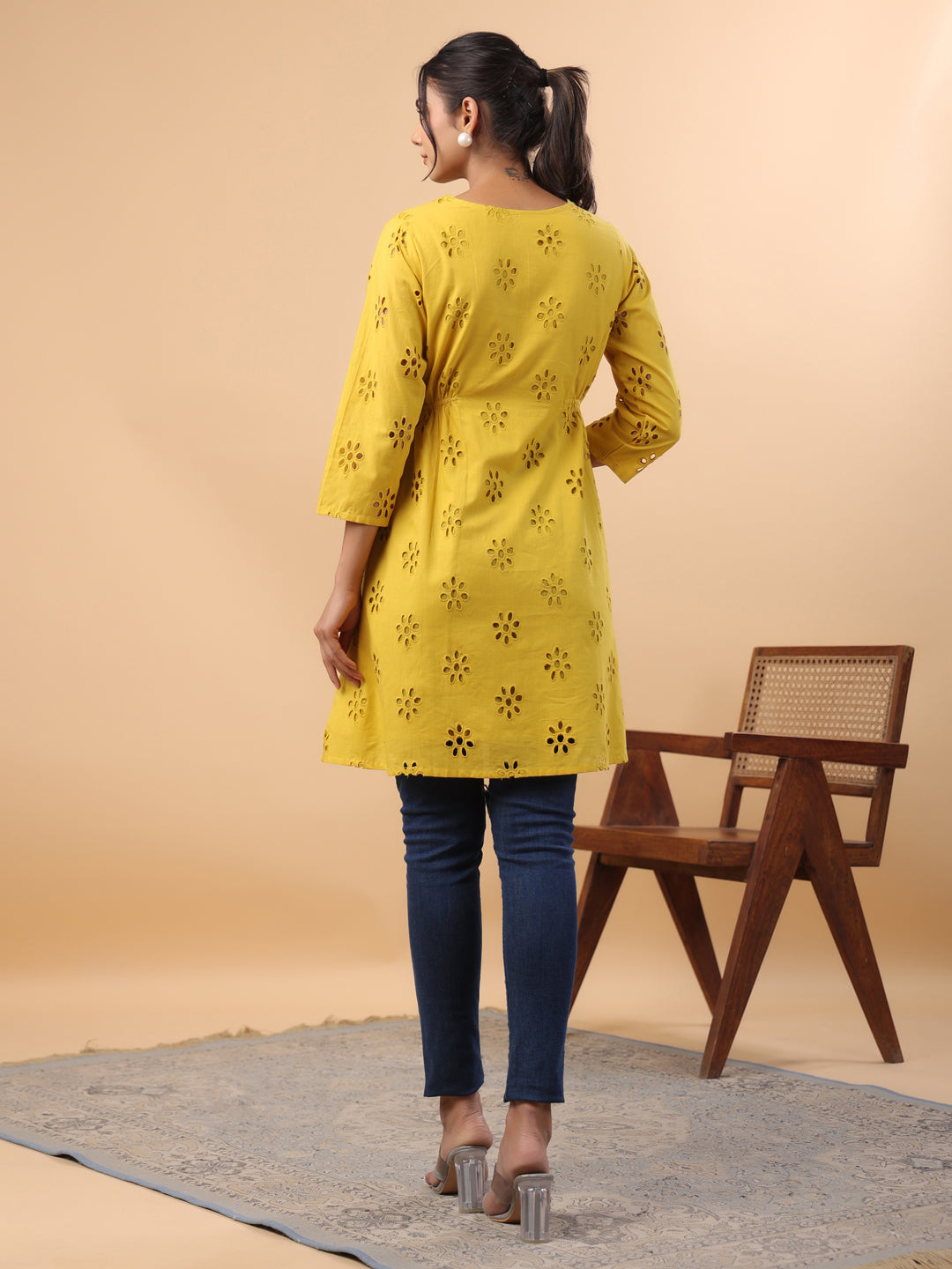 Mustard-Cotton-V-Neck-Schiffli-Tunic