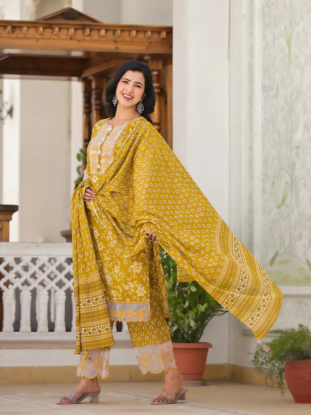 Mustard-Yellow-Cotton-Floral-Print-3-Piece-Kurta-Set