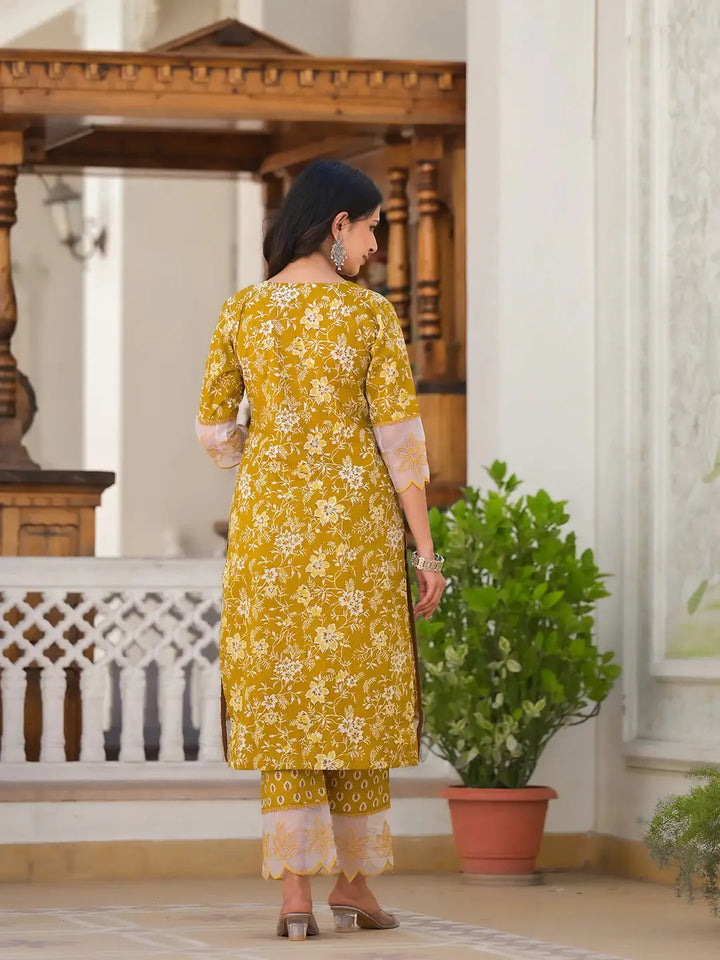 Mustard-Yellow-Cotton-Floral-Print-3-Piece-Kurta-Set