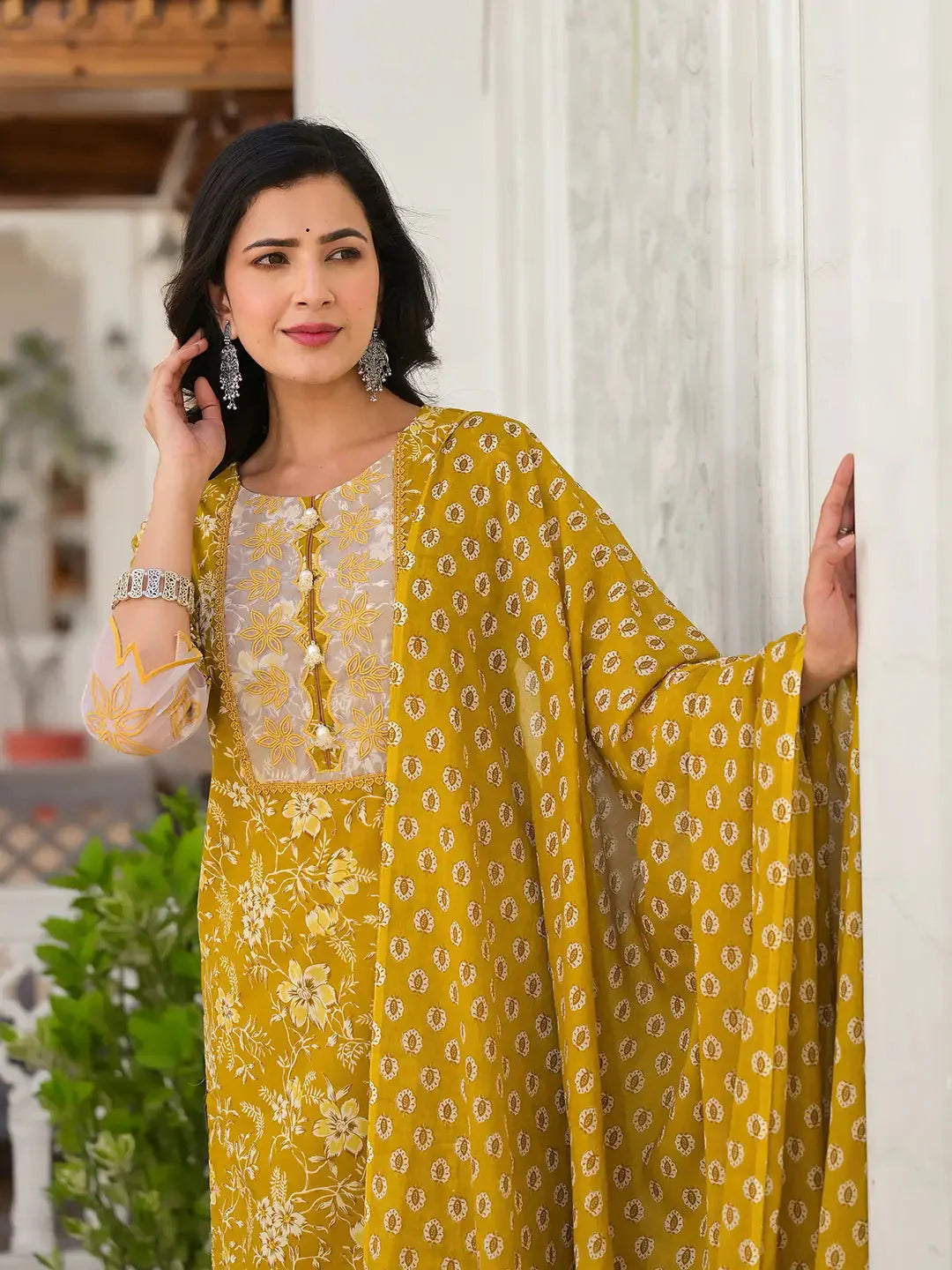 Mustard-Yellow-Cotton-Floral-Print-3-Piece-Kurta-Set