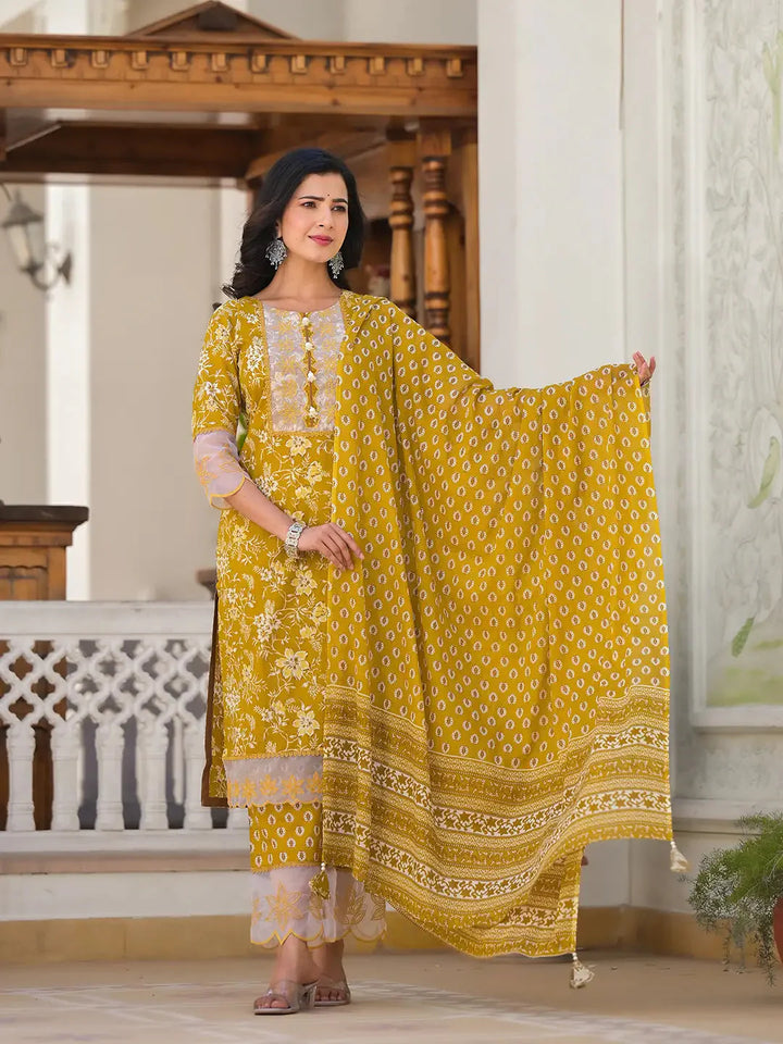 Mustard-Yellow-Cotton-Floral-Print-3-Piece-Kurta-Set