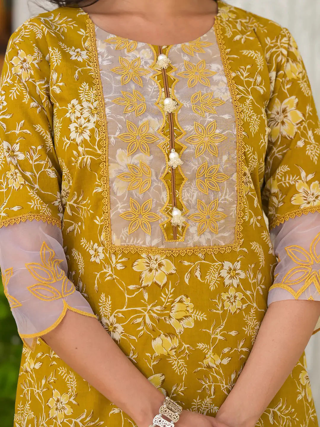 Mustard-Yellow-Cotton-Floral-Print-3-Piece-Kurta-Set