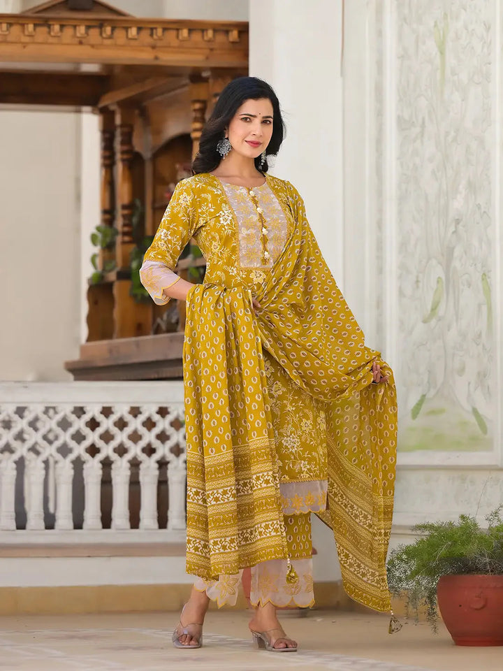 Mustard-Yellow-Cotton-Floral-Print-3-Piece-Kurta-Set