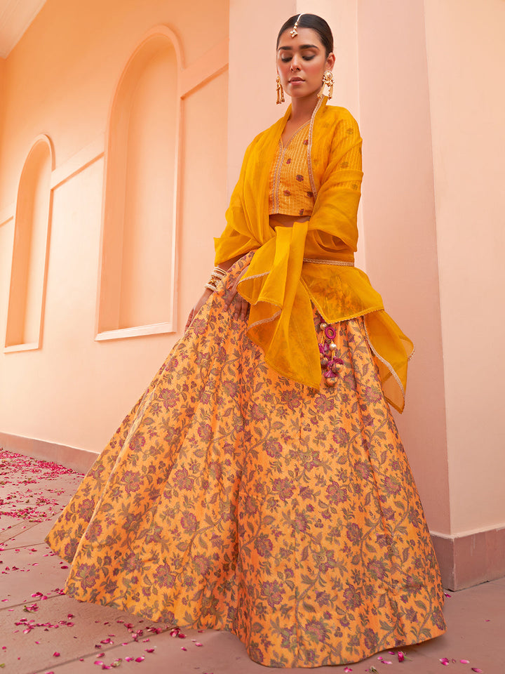 Mustard Georgette Digital Printed Lehenga Set