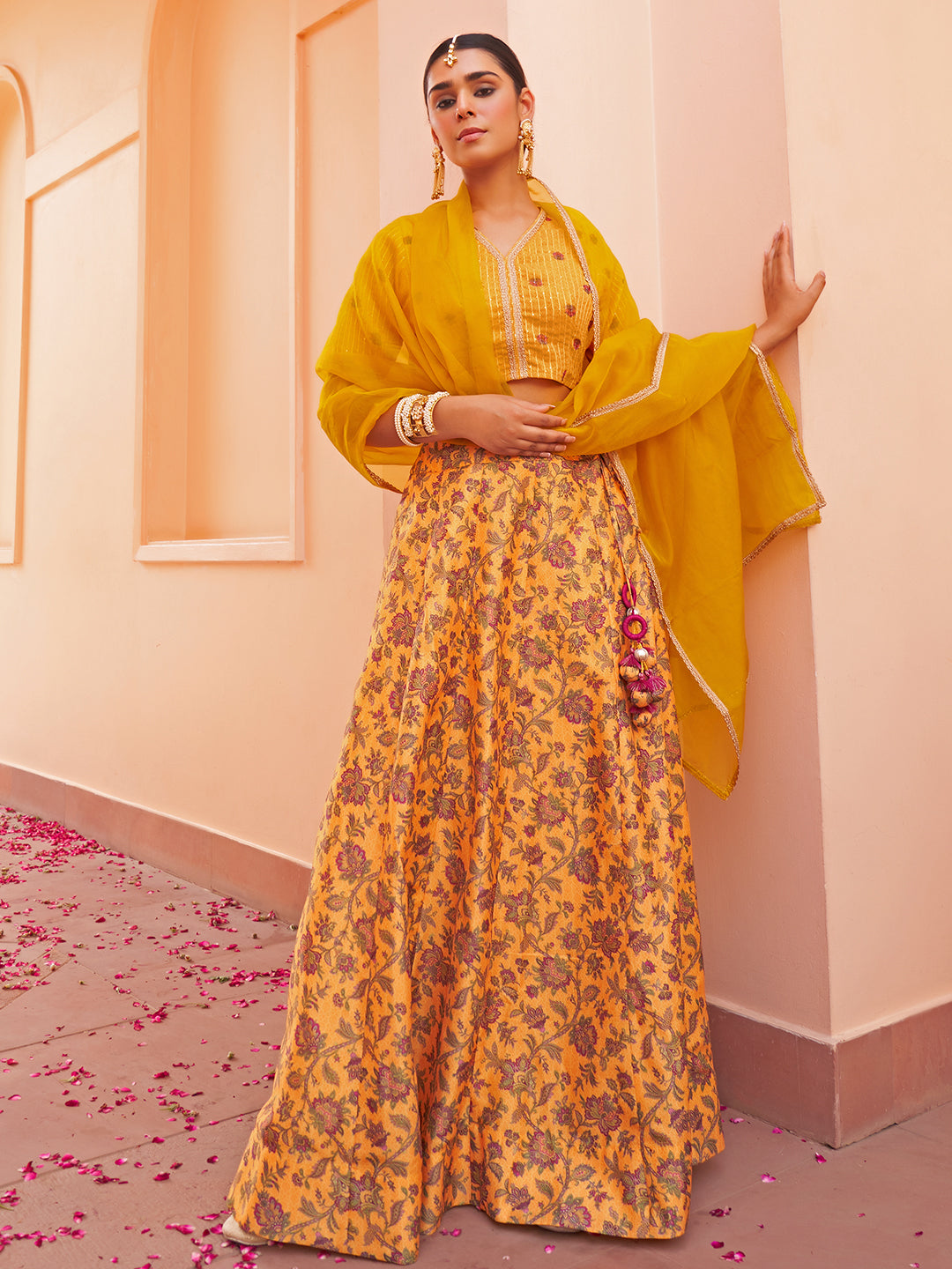 Mustard Georgette Digital Printed Lehenga Set