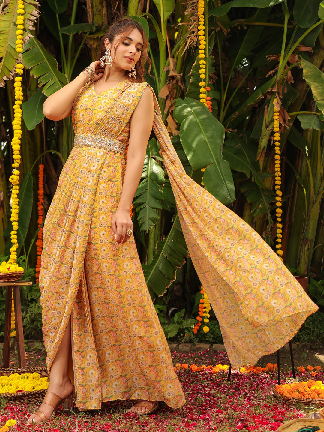 Mustard-Georgette-Floral-Print-Sleeveless-Lehenga-Set