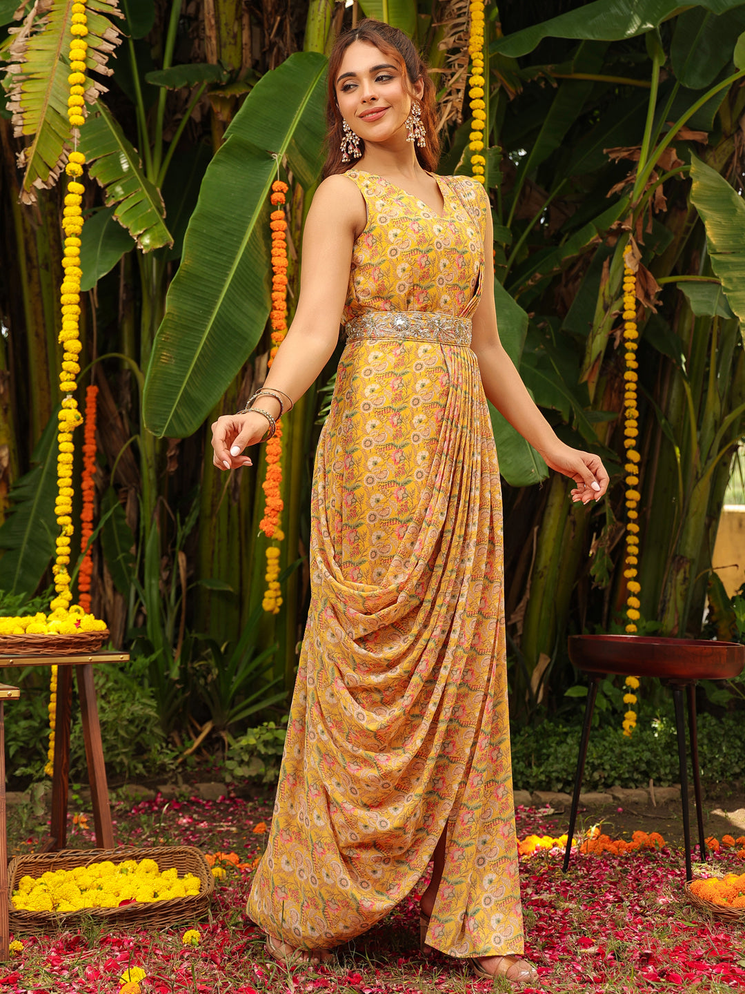 Mustard-Georgette-Floral-Print-Sleeveless-Lehenga-Set