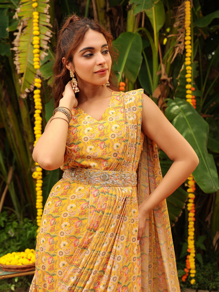 Mustard-Georgette-Floral-Print-Sleeveless-Lehenga-Set