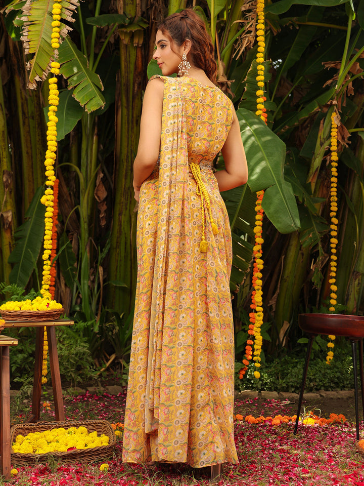 Mustard-Georgette-Floral-Print-Sleeveless-Lehenga-Set