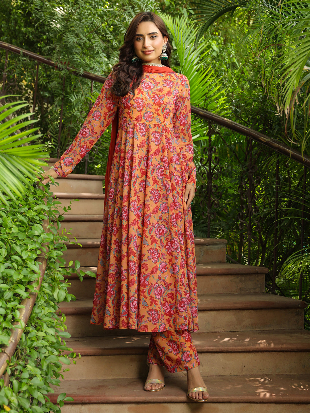 Mustard-Georgette-Floral-Print-Anarakali-Set