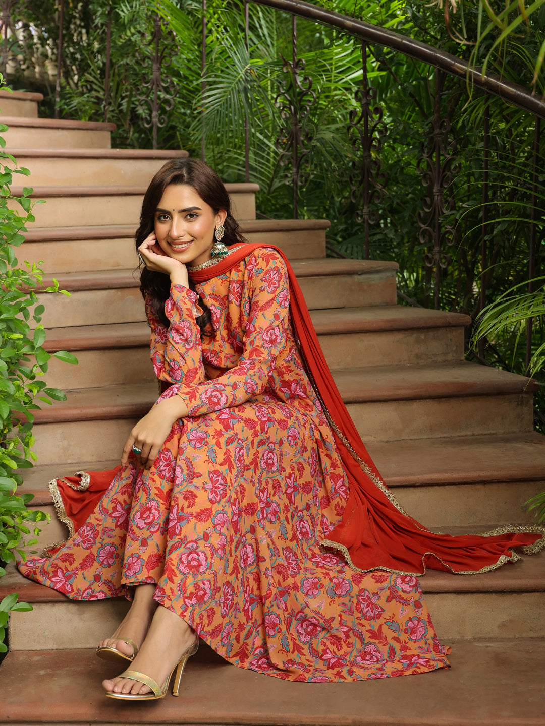 Mustard-Georgette-Floral-Print-Anarakali-Set