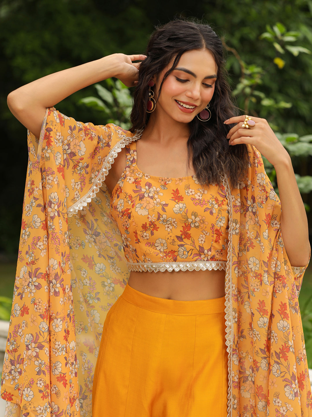 Mustard-Georgette-Floral-Print-Co-Ord-Set