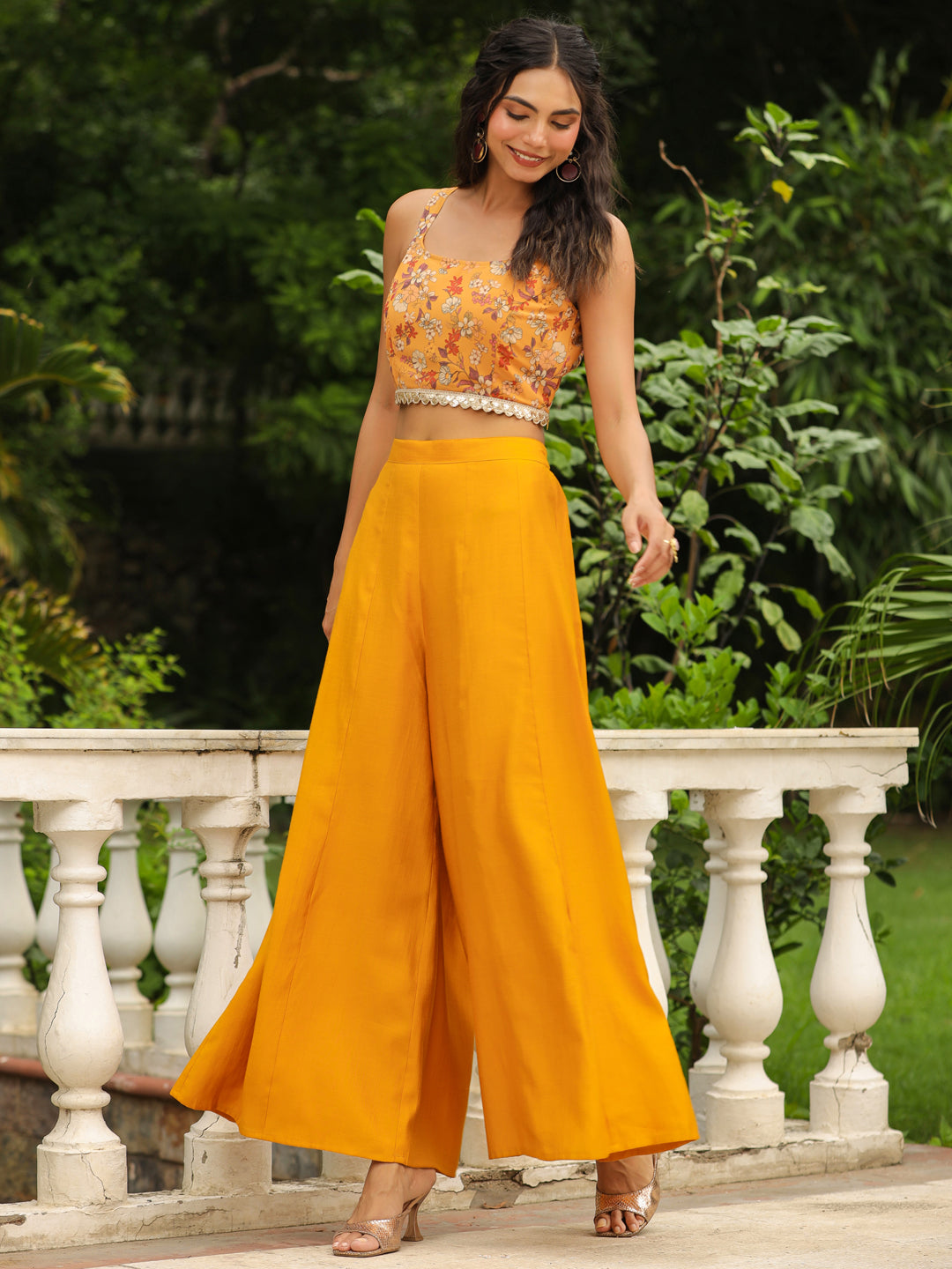 Mustard-Georgette-Floral-Print-Co-Ord-Set