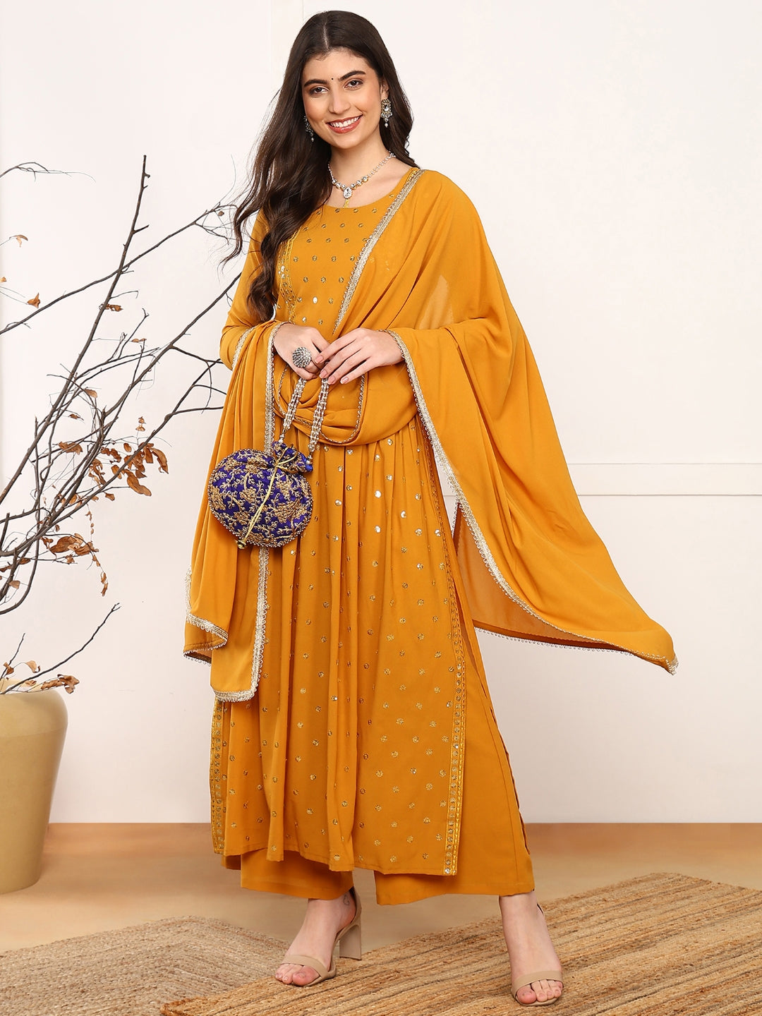 ZERESOUQ-Mustard-Georgette-Solid-Embroidered-3-Piece-Kurta-Set