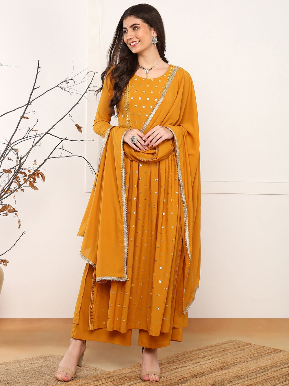 ZERESOUQ-Mustard-Georgette-Solid-Embroidered-3-Piece-Kurta-Set