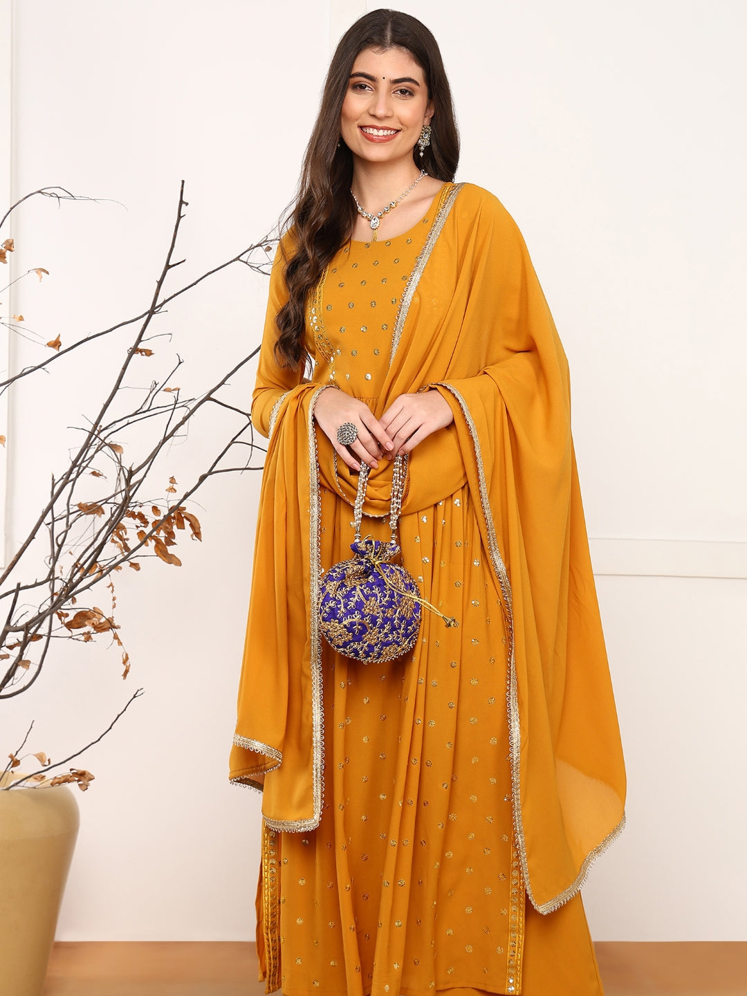 ZERESOUQ-Mustard-Georgette-Solid-Embroidered-3-Piece-Kurta-Set
