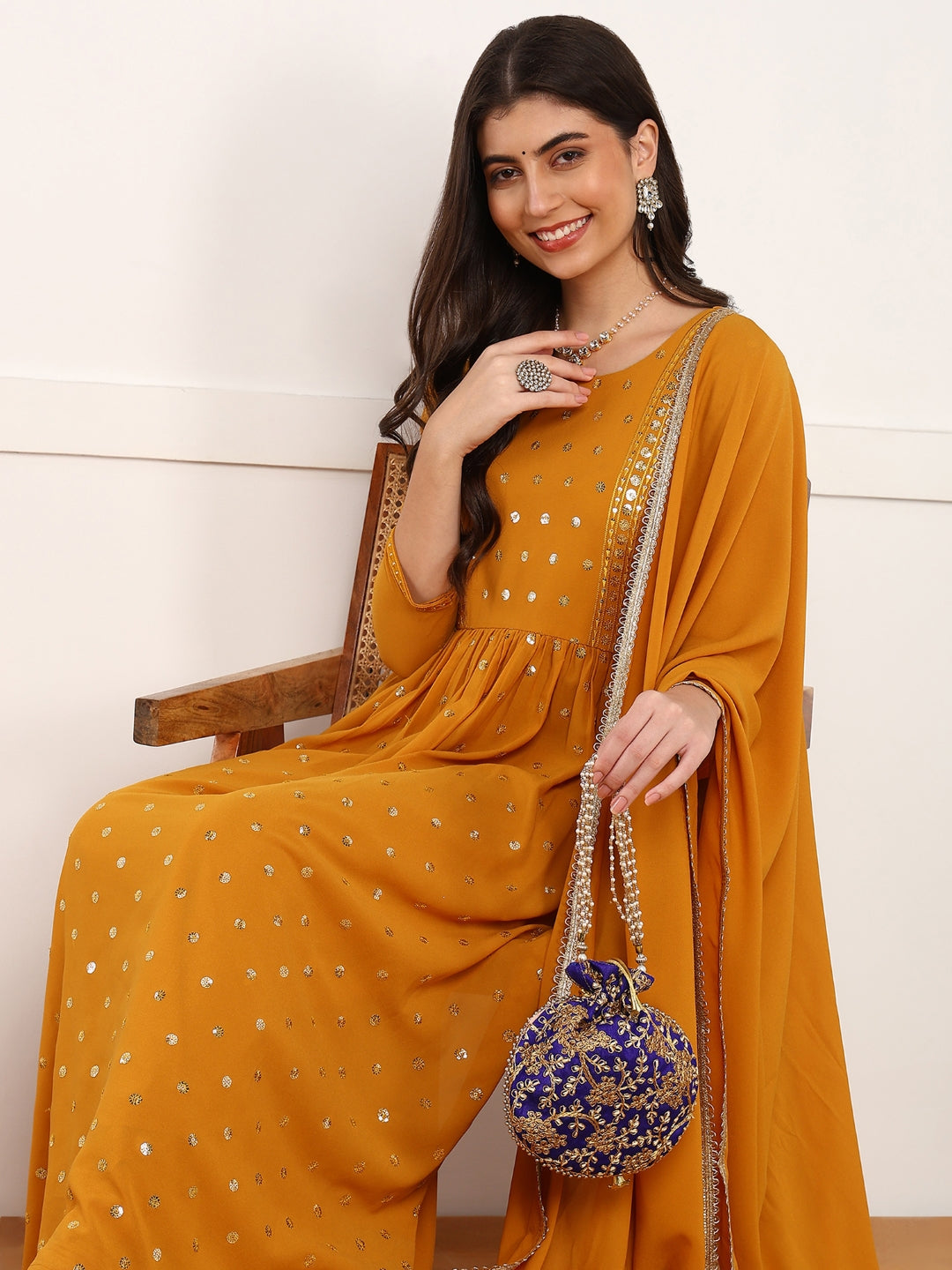 ZERESOUQ-Mustard-Georgette-Solid-Embroidered-3-Piece-Kurta-Set
