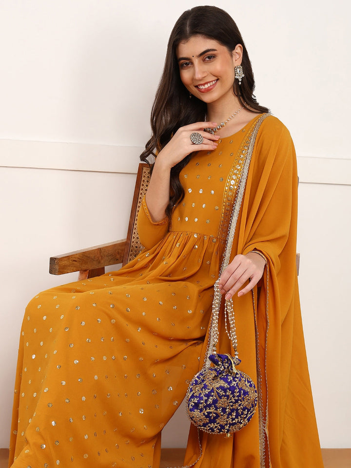 ZERESOUQ-Mustard-Georgette-Solid-Embroidered-3-Piece-Kurta-Set