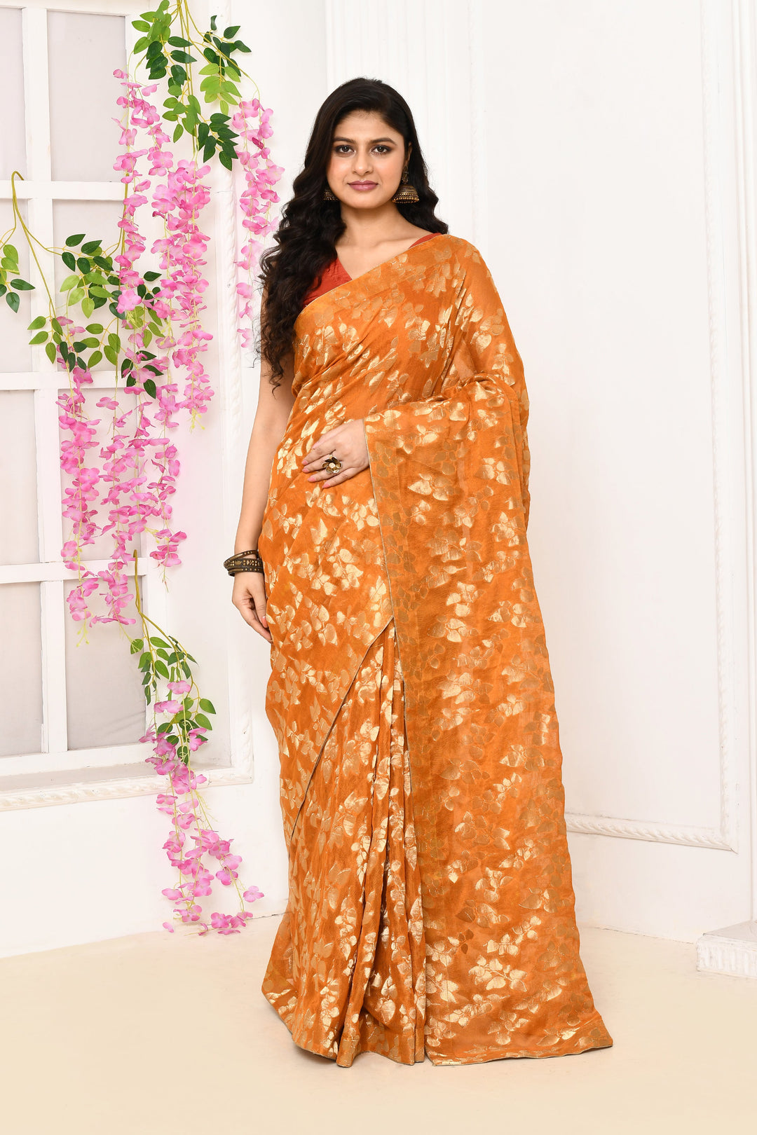 Mustard-Jute-Upada-Golden-Leaf-Pattern-Saree