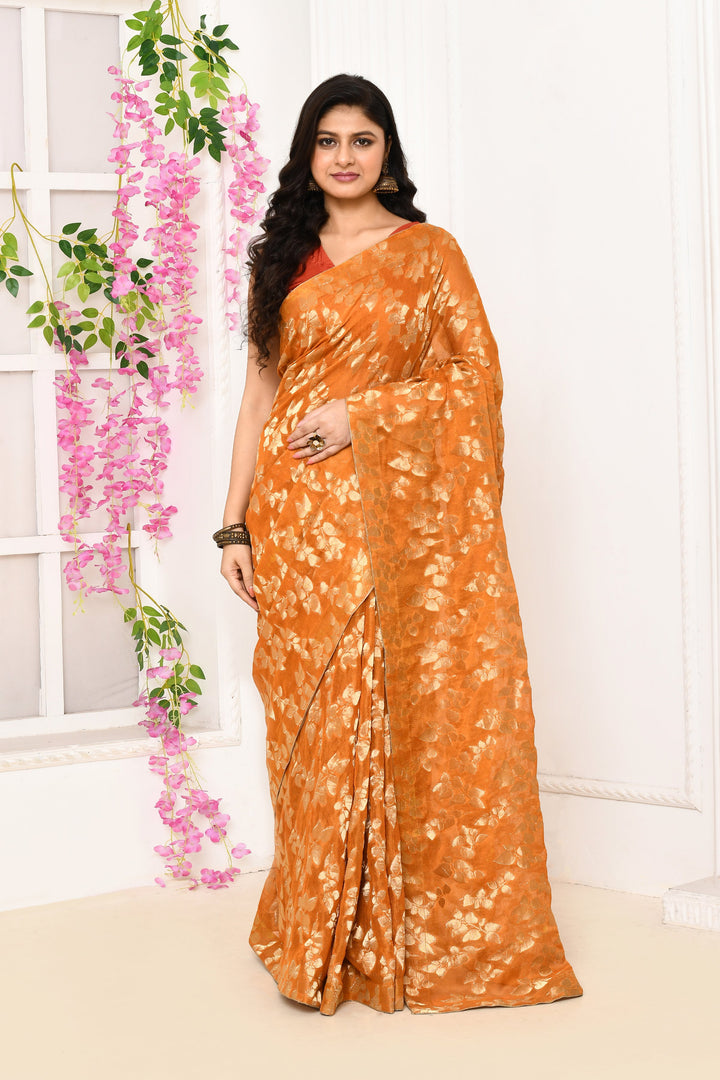 Mustard-Jute-Upada-Golden-Leaf-Pattern-Saree