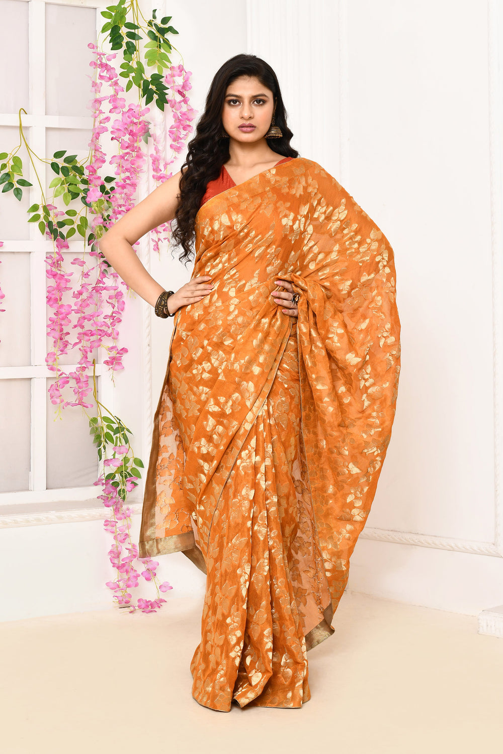 ZERESOUQ-Mustard-Jute-Upada-Golden-Leaf-Pattern-Saree