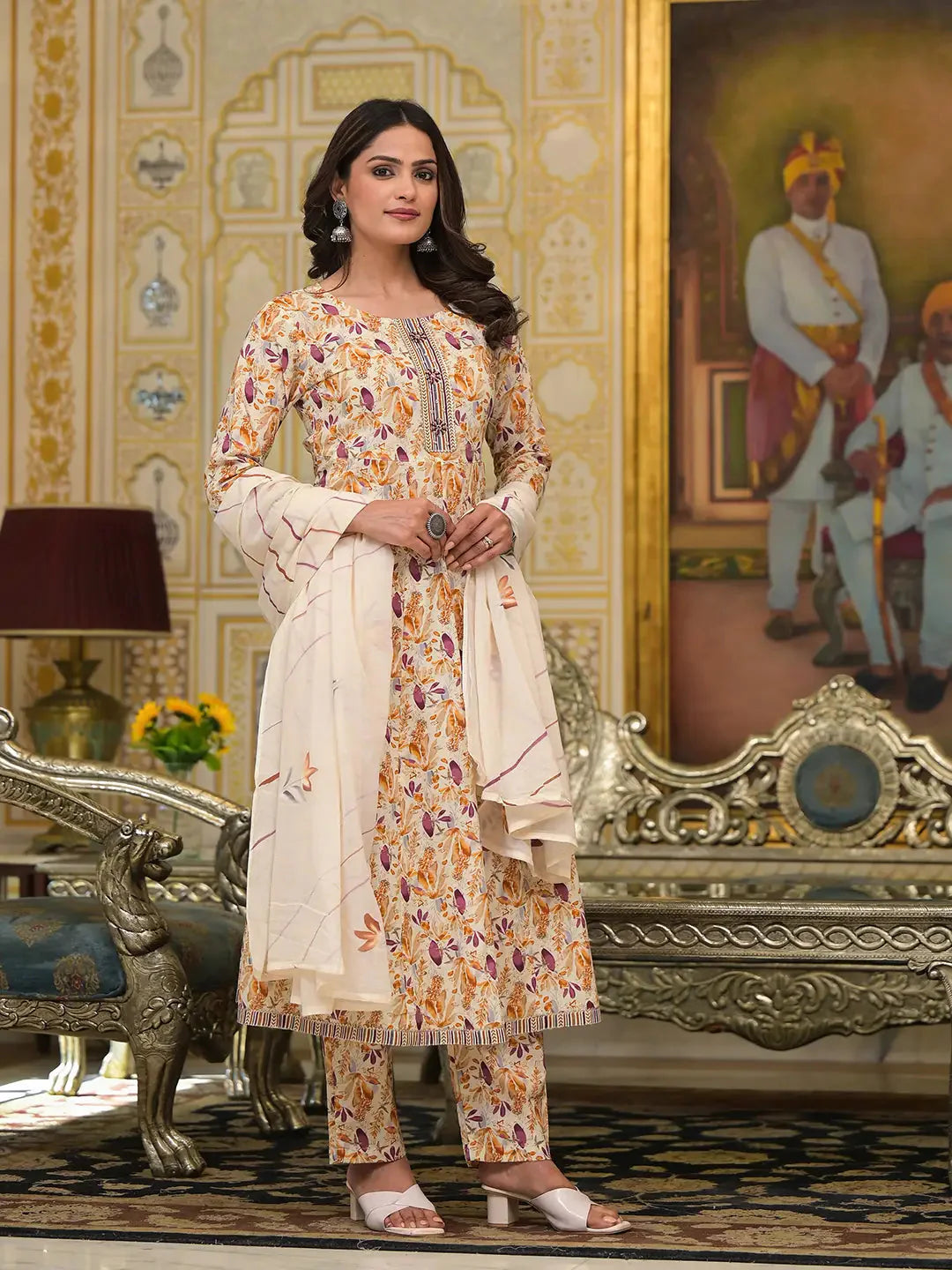 Mustard-Yellow-Cotton-Leaf-Print-Zari-Work-Anarkali-Set