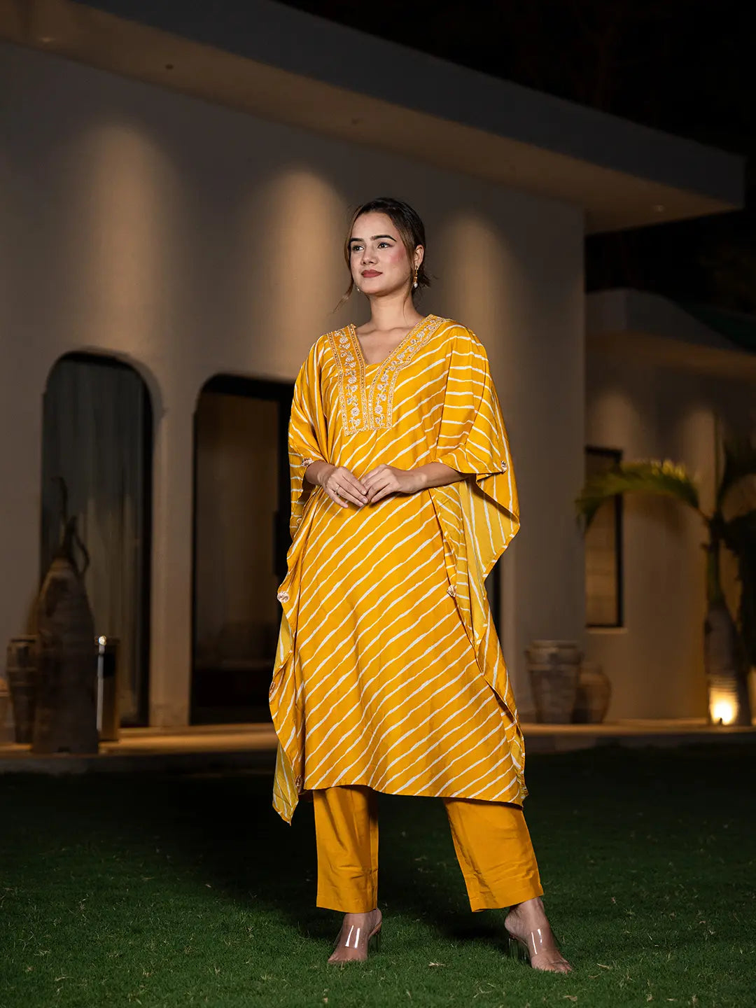 Mustard-Silk-Blend-Leheriya-Embroidered-Kaftan-Set