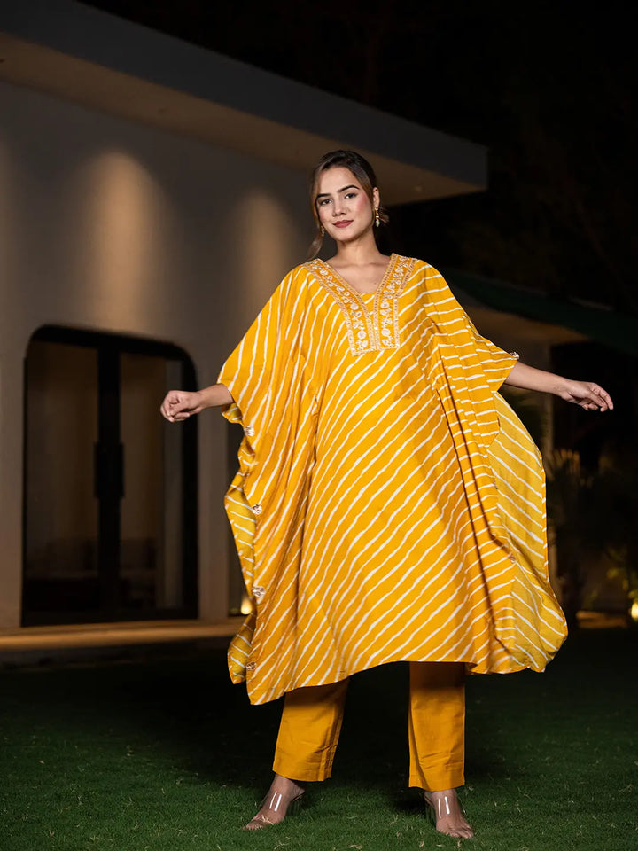 Mustard-Silk-Blend-Leheriya-Embroidered-Kaftan-Set