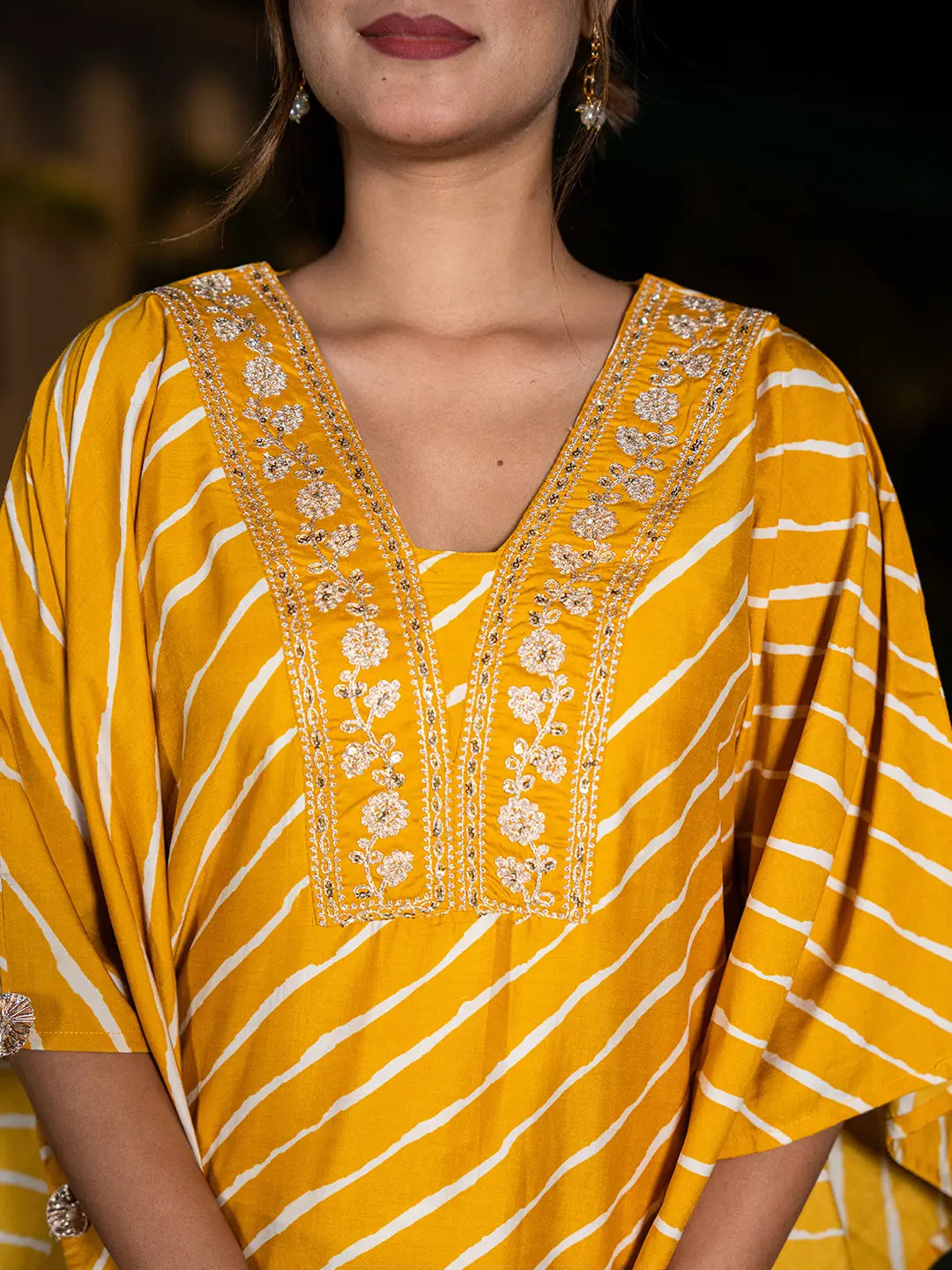 Mustard-Silk-Blend-Leheriya-Embroidered-Kaftan-Set